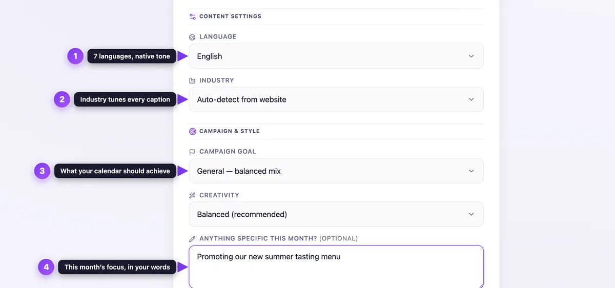 Content settings with four annotated fields: language dropdown, industry auto-detect, campaign goal and the optional monthly focus text box