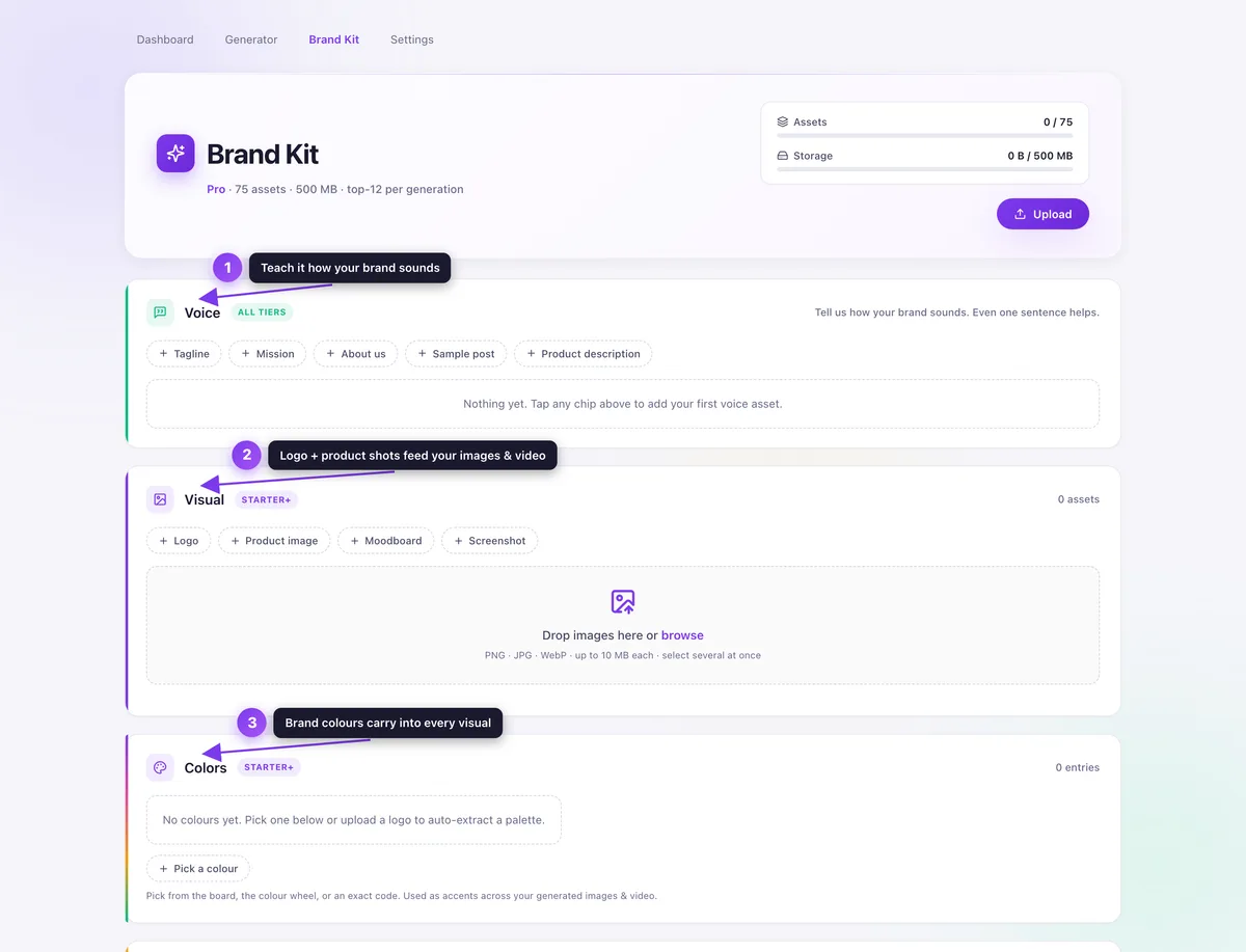 Brand Kit page annotated: voice assets, visual uploads and brand colours